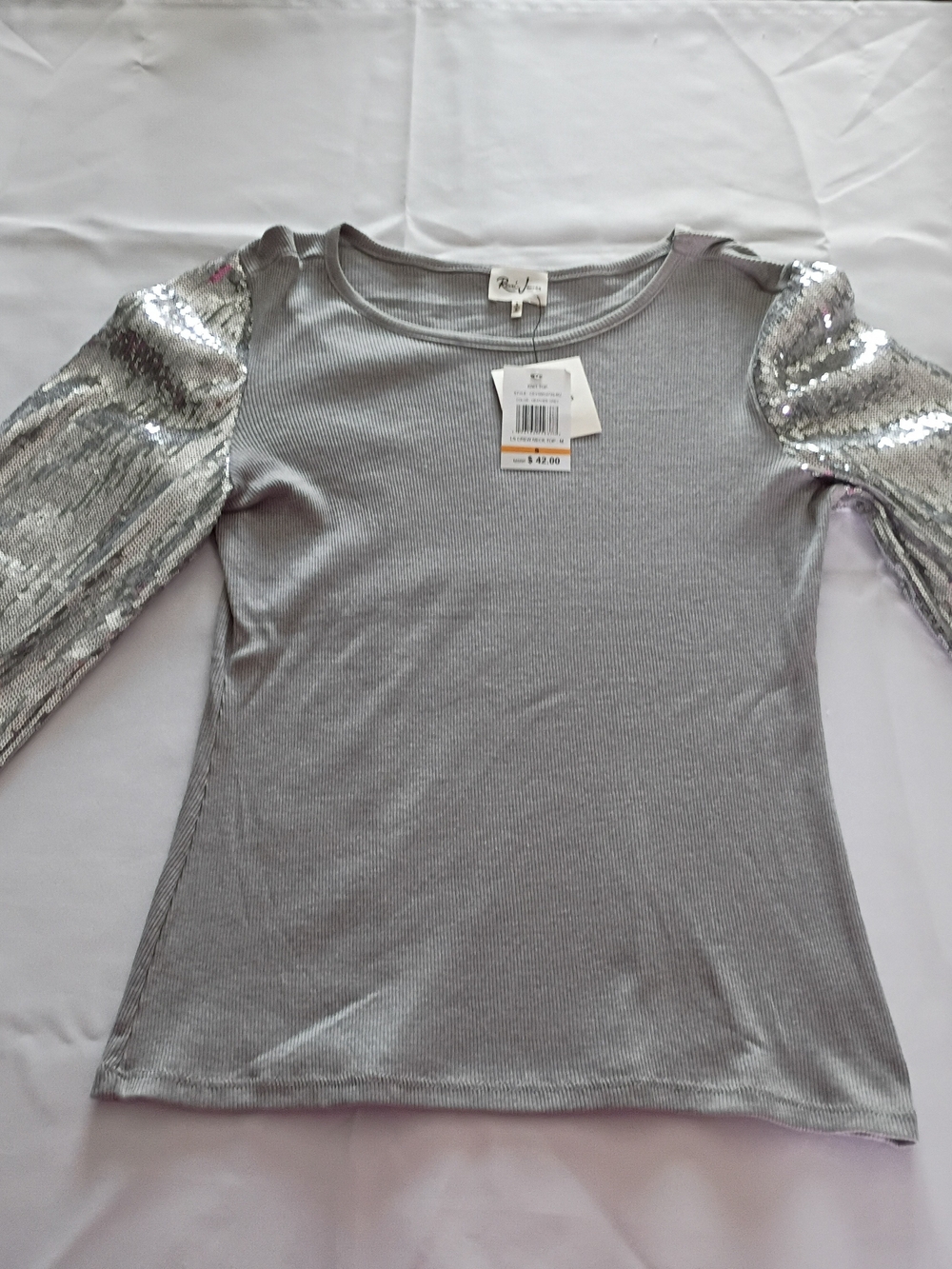 Women's Silver Sequin Sleeve Ribbed Top - Sparkle Detail